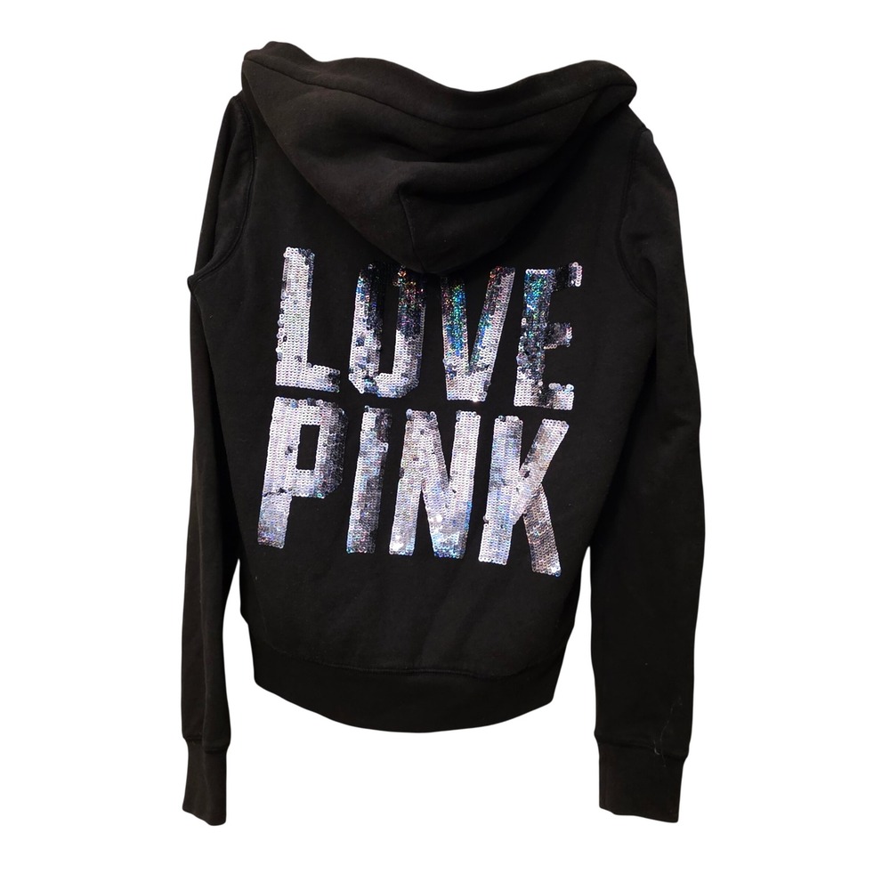 Victoria's Secret PINK Faux Fur Lined Sequin Hoodie Black Full Zip Small 312283